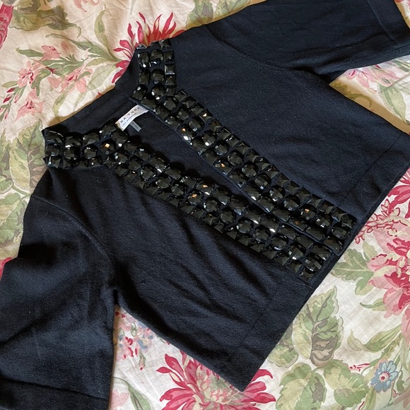TRINA TURK Size Medium Crop Cardigan Black Gemstones Trim Cashmere Cotton $249 - Picture 11 of 16